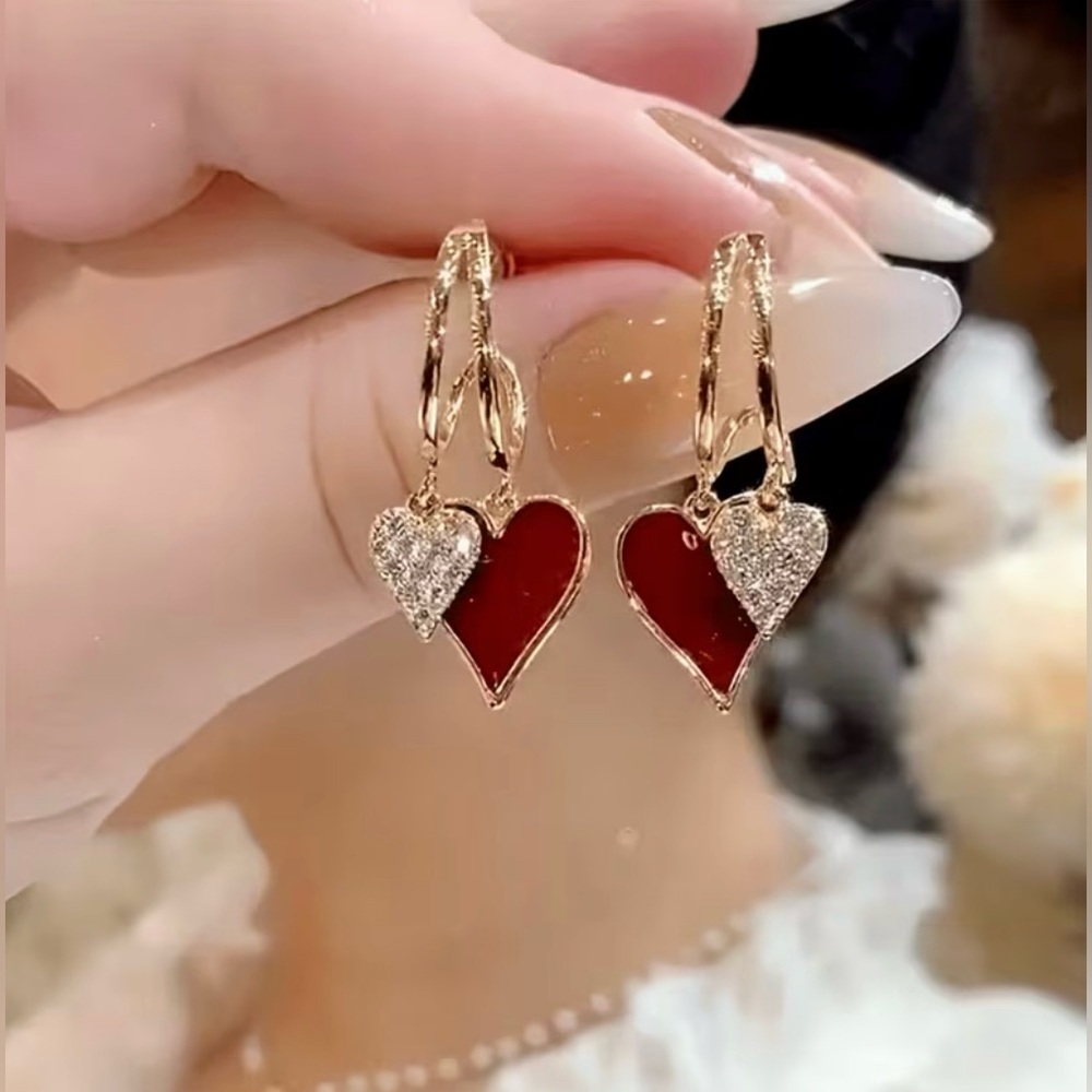 Heart Love Dangle Earrings with Rhinestone Accents Gorgeous Modern New
